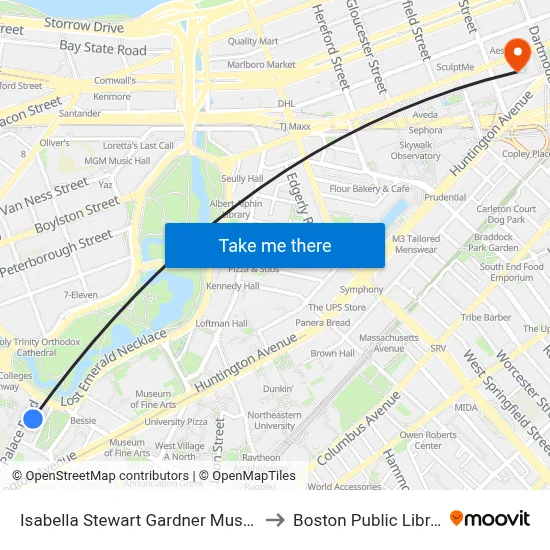 Isabella Stewart Gardner Museum to Boston Public Library map