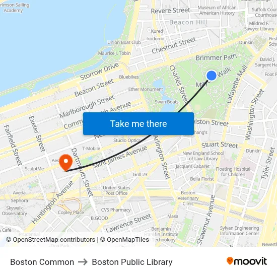 Boston Common to Boston Public Library map