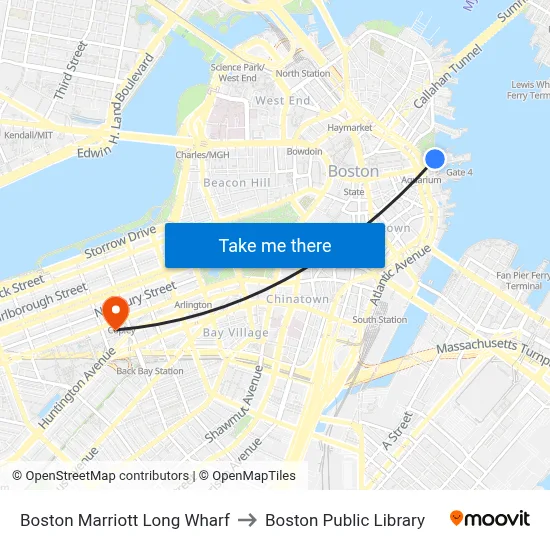 Boston Marriott Long Wharf to Boston Public Library map