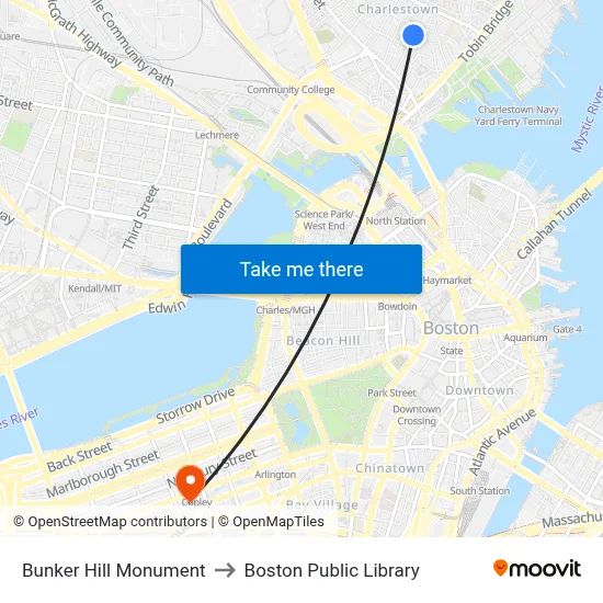 Bunker Hill Monument to Boston Public Library map