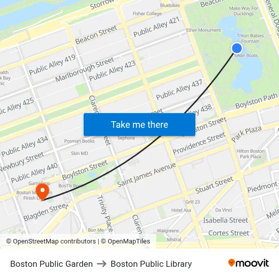 Boston Public Garden to Boston Public Library map