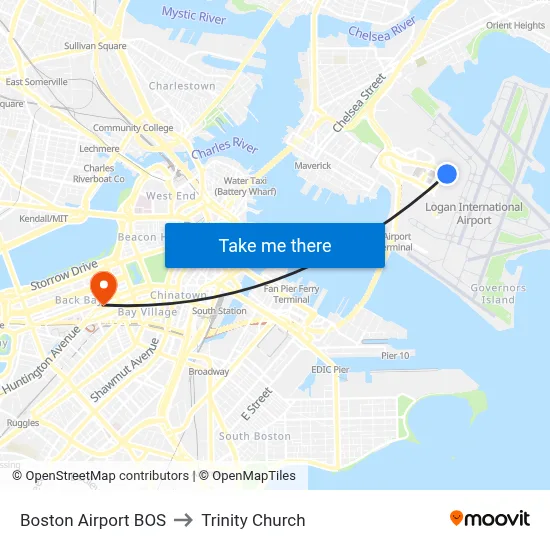 Boston Airport BOS to Trinity Church map