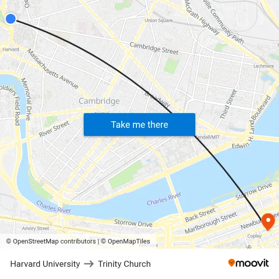 Harvard University to Trinity Church map