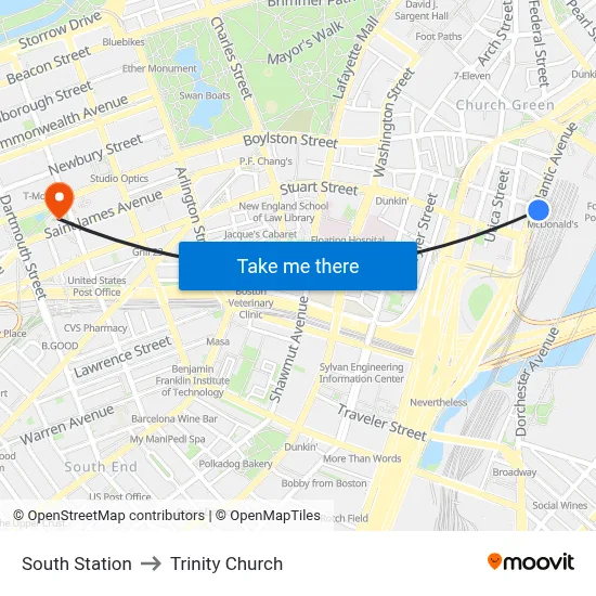 South Station to Trinity Church map