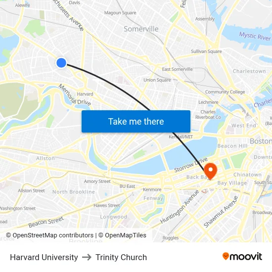 Harvard University to Trinity Church map