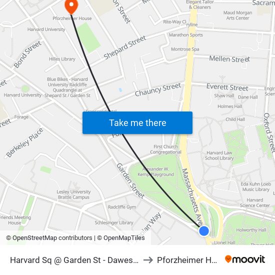 Harvard Sq @ Garden St - Dawes Island to Pforzheimer House map