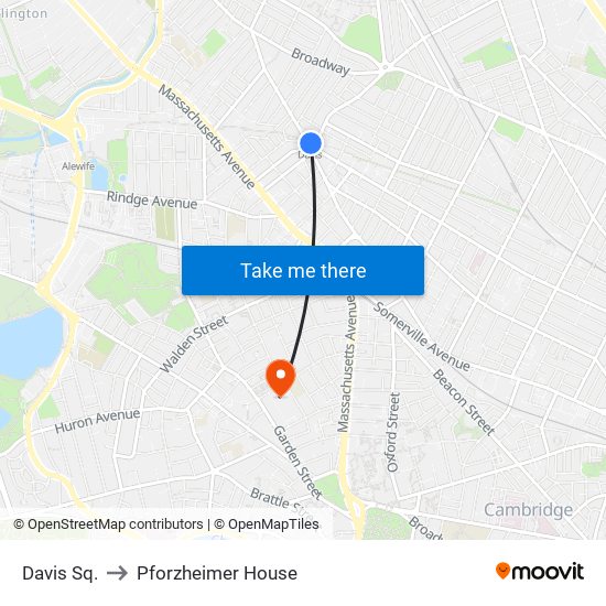 Davis Sq. to Pforzheimer House map