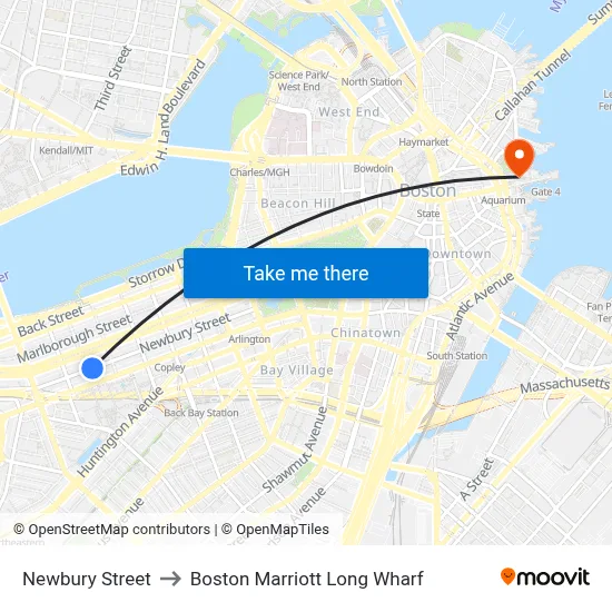 Newbury Street to Boston Marriott Long Wharf map