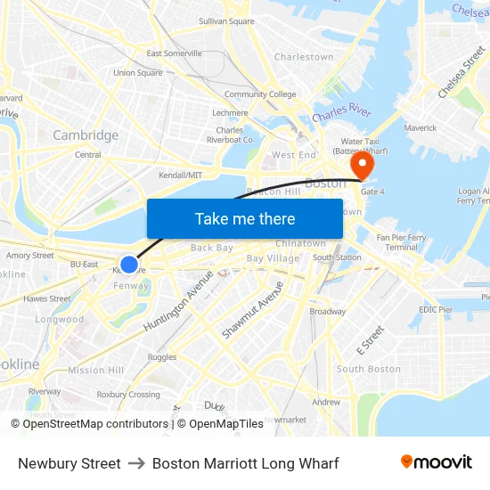 Newbury Street to Boston Marriott Long Wharf map
