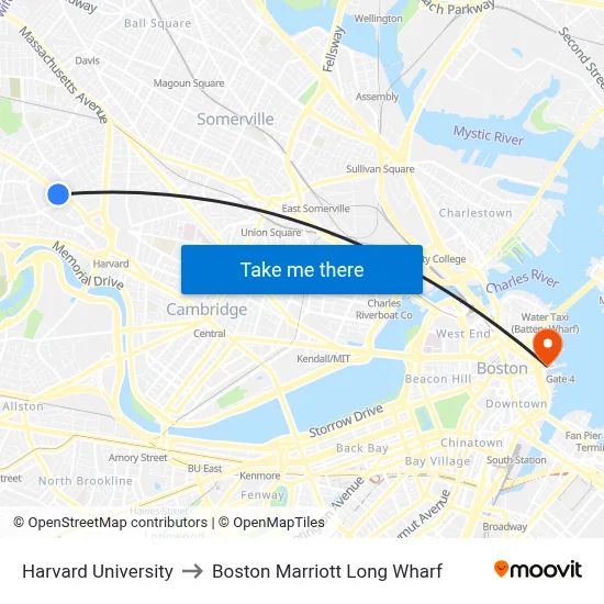Harvard University to Boston Marriott Long Wharf map