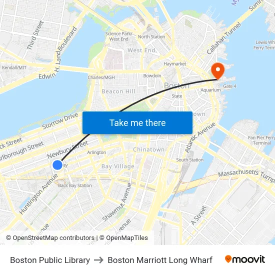 Boston Public Library to Boston Marriott Long Wharf map