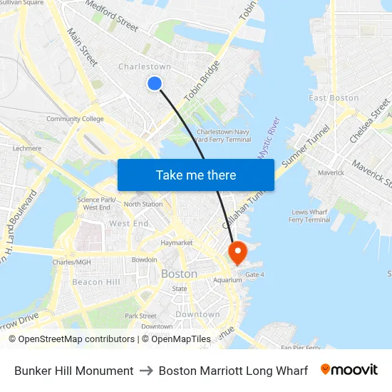Bunker Hill Monument to Boston Marriott Long Wharf map