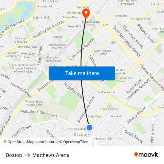 Boston to Matthews Arena map