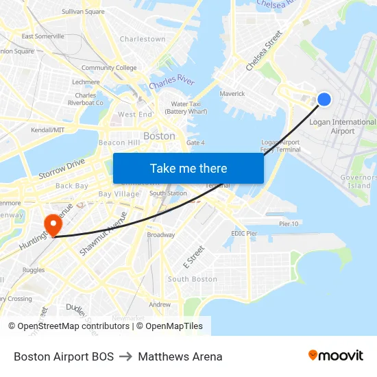 Boston Airport BOS to Matthews Arena map