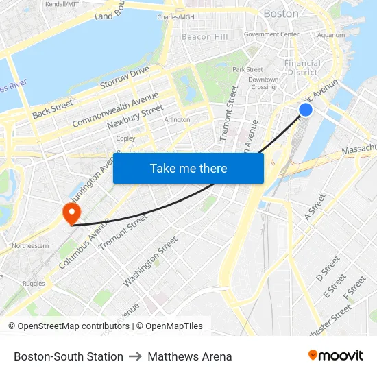 Boston-South Station to Matthews Arena map