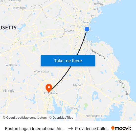 Boston Logan International Airport to Providence College map