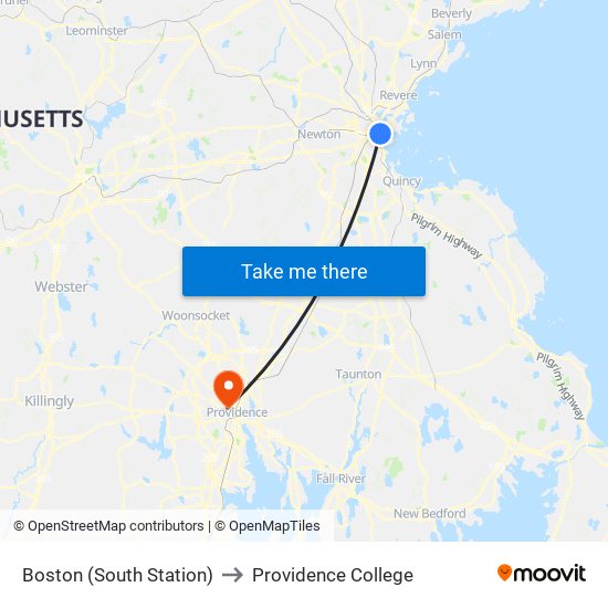 Boston (South Station) to Providence College map