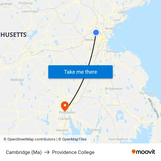 Cambridge (Ma) to Providence College map