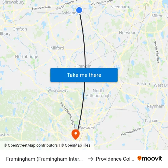 Framingham (Framingham Intermodal) to Providence College map
