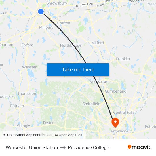 Worcester Union Station to Providence College map