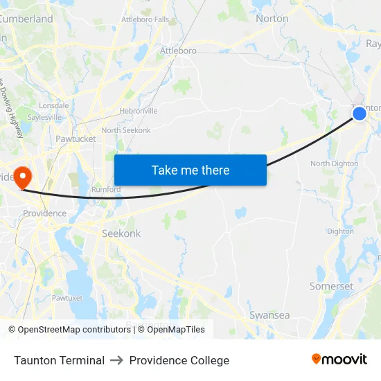 Taunton Terminal to Providence College map
