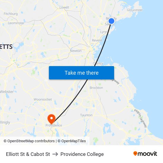 Elliott St & Cabot St to Providence College map