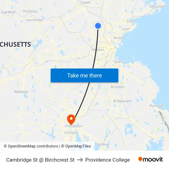 Cambridge St @ Birchcrest St to Providence College map