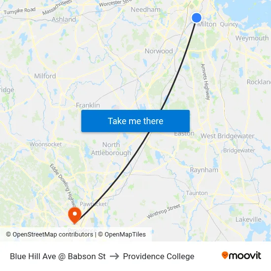 Blue Hill Ave @ Babson St to Providence College map