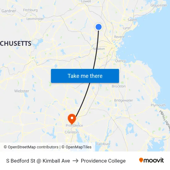 S Bedford St @ Kimball Ave to Providence College map