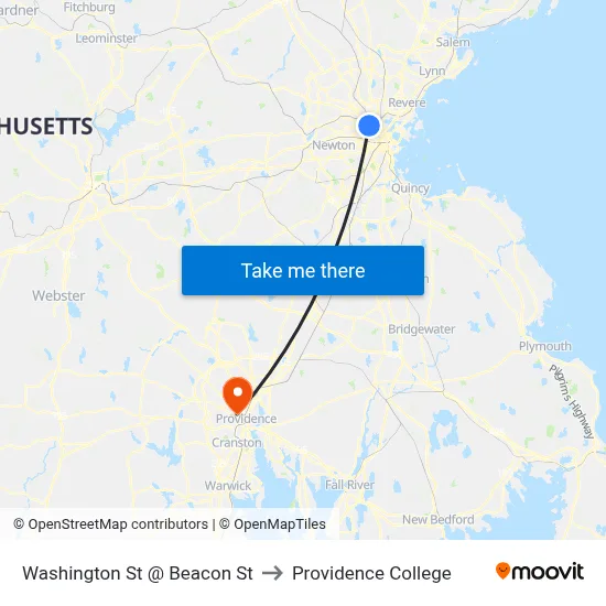 Washington St @ Beacon St to Providence College map