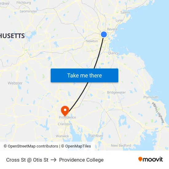 Cross St @ Otis St to Providence College map