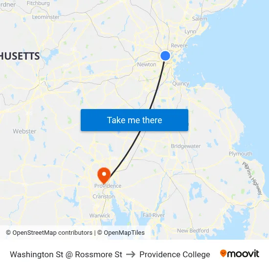 Washington St @ Rossmore St to Providence College map