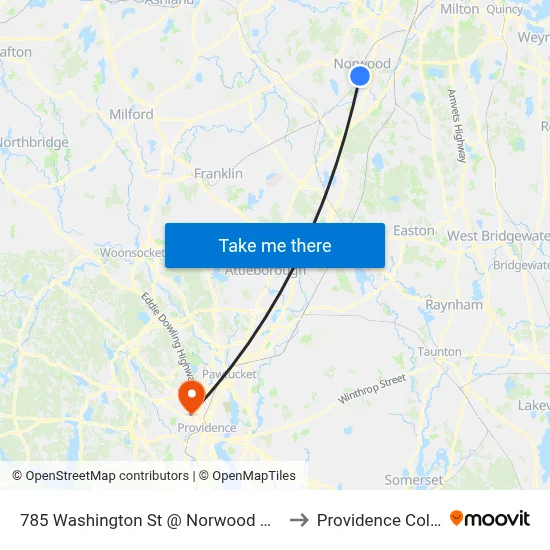 785 Washington St @ Norwood Hospital to Providence College map