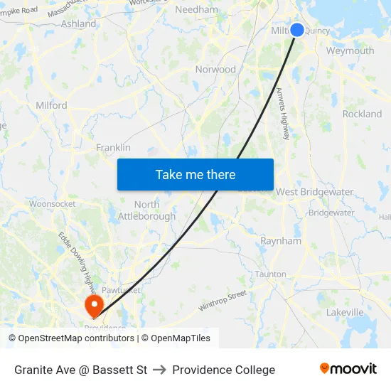 Granite Ave @ Bassett St to Providence College map