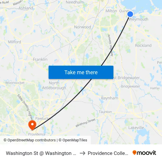 Washington St @ Washington Ct to Providence College map