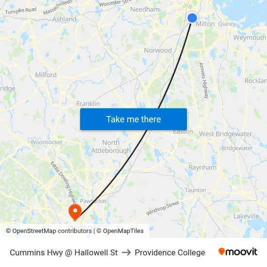 Cummins Hwy @ Hallowell St to Providence College map