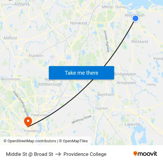 Middle St @ Broad St to Providence College map