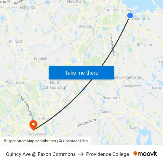 Quincy Ave @ Faxon Commons to Providence College map