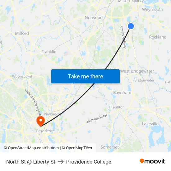 North St @ Liberty St to Providence College map