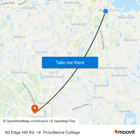 80 Edge Hill Rd to Providence College map
