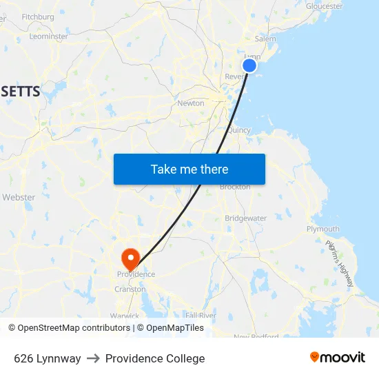 626 Lynnway to Providence College map