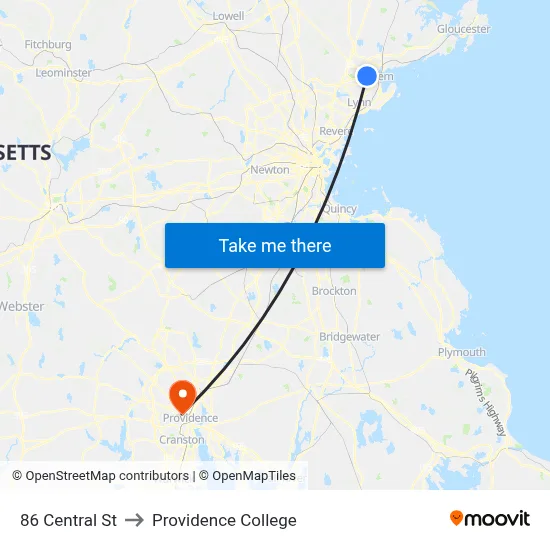86 Central St to Providence College map