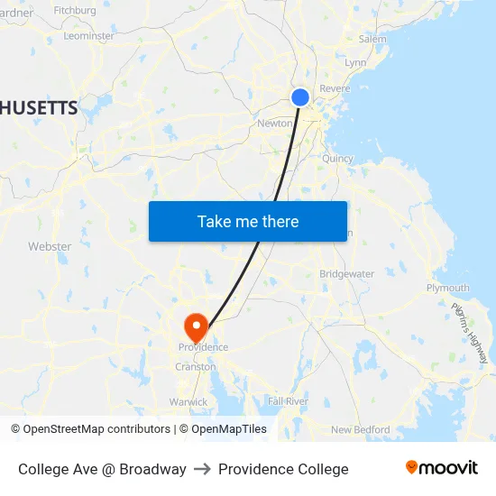 College Ave @ Broadway to Providence College map
