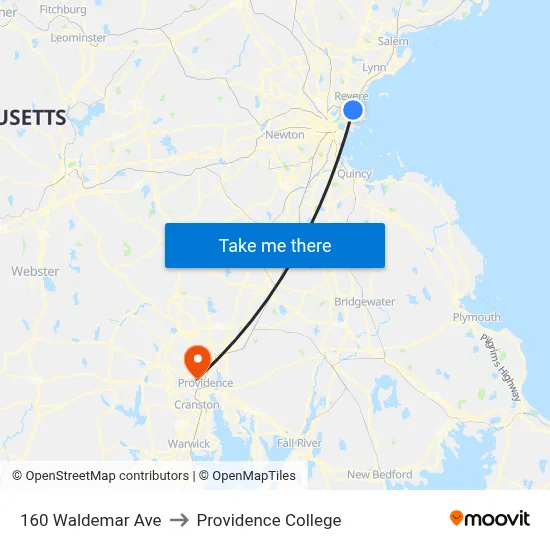 160 Waldemar Ave to Providence College map