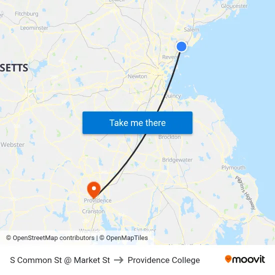 S Common St @ Market St to Providence College map