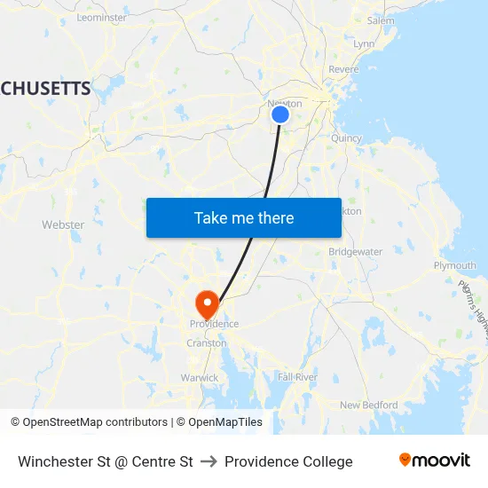 Winchester St @ Centre St to Providence College map