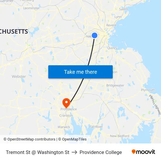 Tremont St @ Washington St to Providence College map
