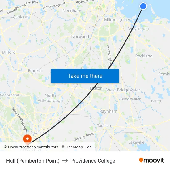 Hull (Pemberton Point) to Providence College map