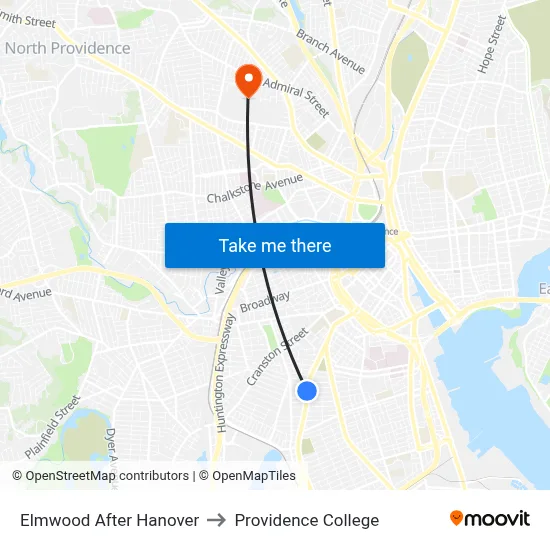 Elmwood After Hanover to Providence College map