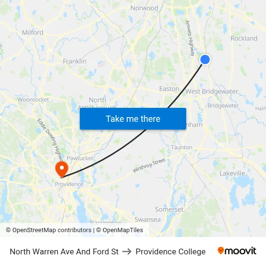 North Warren Ave And Ford St to Providence College map